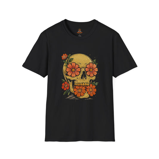 Floral Skull Unisex Softstyle T-Shirt | Edgy Graphic Tee for Festivals, Halloween & Everyday Wear, Boho Clothing, Unique Gift Idea